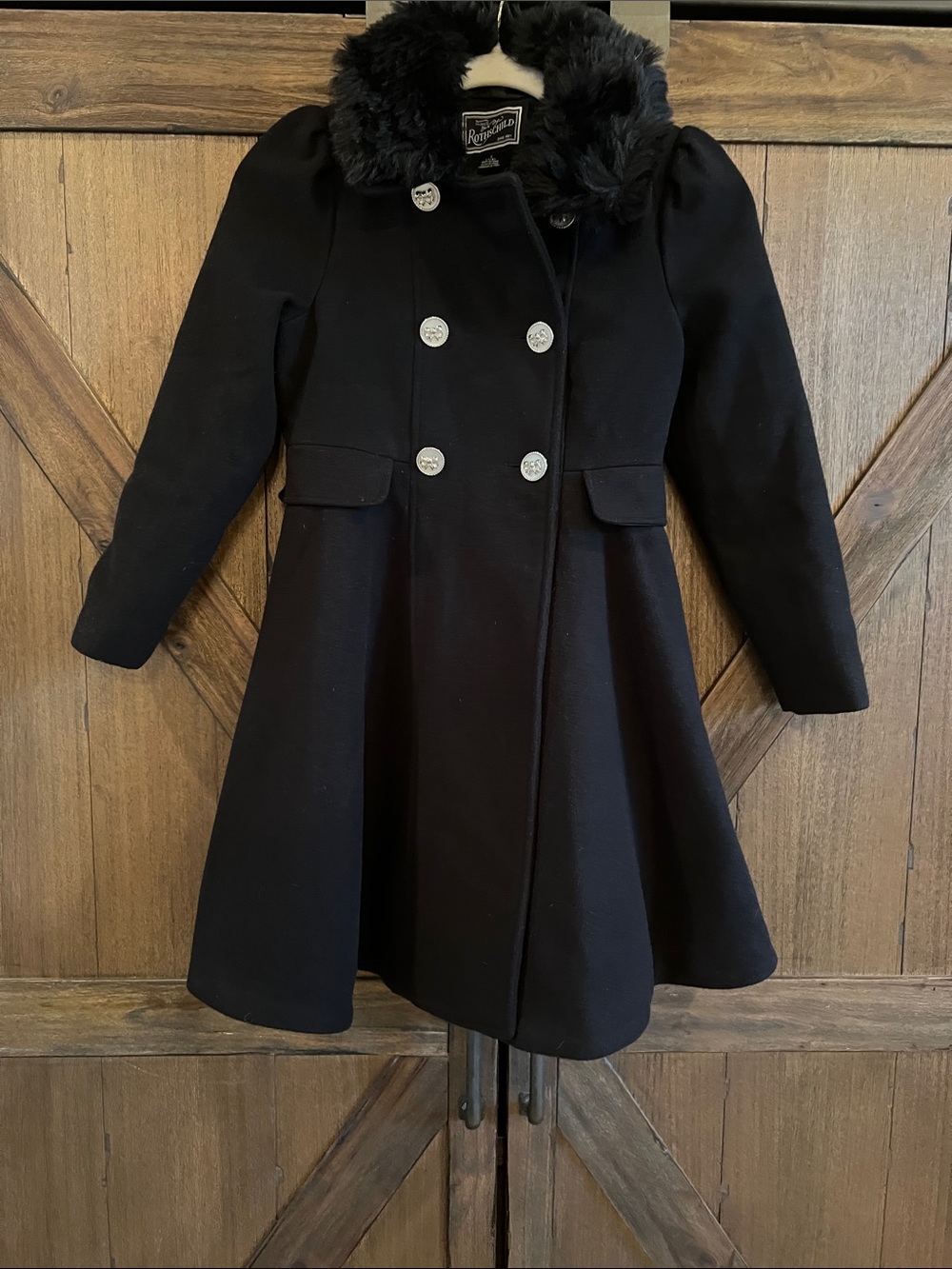 Rothschild Black Double-Breasted Girls' Pea Coat with Detachable Faux-Fur Collar